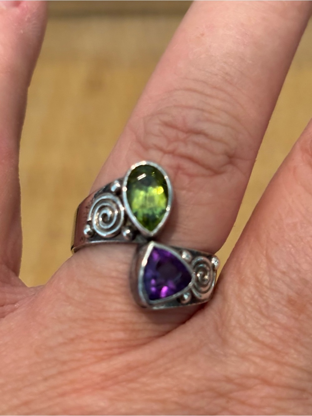 Vintage Sterling Silver Peridot & Amethyst Ring Handcrafted by Sajen size 6.75